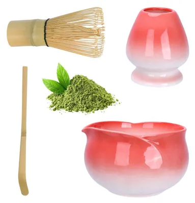 Immagine prodotto di Set da tè Matcha, 4 pezzi, in Vetroceramica rossa: ciotola a forma di petalo con beccuccio, frustino, supporto e cucchiaino