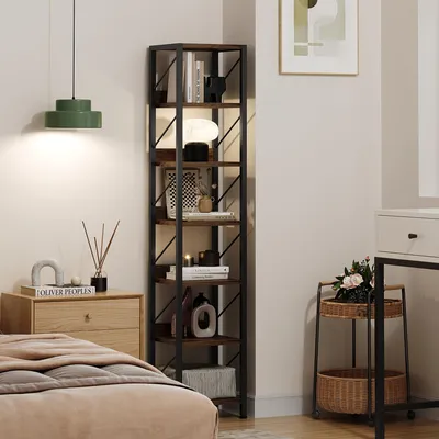 Produktbild von Schmales Bücherregal 30x30x168 cm Standregal Metall Holz Raumsparregal für Bücher Wohnzimmer Büro retro