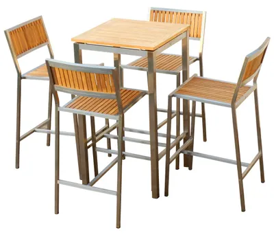 Produktbild von ALEOS. Bar Set aus Edelstahl echt Teak Bartisch Bistrotisch 60x60cm mit 4x Barhocker Modell: MEXIKO A-Grade Teakholz