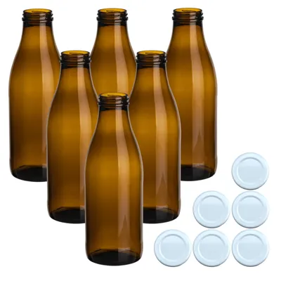 Immagine prodotto di set di 6 bottiglie da succo 1000 ml antiche con tappo a vite bianco - Bottiglia in vetro marrone da 1 litro con tappo TO48 - Bottiglia vuota da riempire