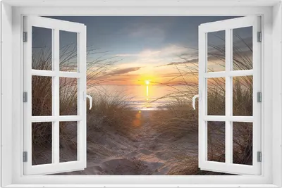 Produktbild von Wallario Wandbild mit Fenster-Illusion: Sonnenuntergang am Strand, Größe: 61 x 91,5 cm, Poster mit rahmenlosen Bildhalter