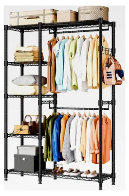 Produktbild von Stabiler Kleiderständer, Offener Kleiderschrank mit Doppel-Kleiderstangen & 5 Höhenverstellbaren Regalen, Metall Garderobe für Schlafzimmer und Flur, 114 x 44 x 195 cm Schwarz