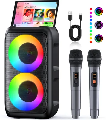 Image de Machine de karaoké - 2 haut-parleurs de 15 W - Microphones sans fil - Multicolore - Bluetooth