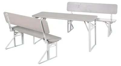 Produktbild von roba Outdoor Party-Garnitur für Kinder - Kindersitzgruppe mit Lehne aus Holz - 2 Bänke + 1 Tisch - Klappbare Sitzmöbel ab 24 Monaten - Grau lasiert