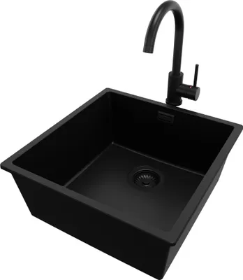 Produktbild von PRIMAGRAN Unterbauspüle Granit Alles Schwarz 46x47cm, Spülbecken 1 Becken + Küchenarmatur 32x20cm + Ablauf-Set, Granitspüle ab 50er Unterschrank - London