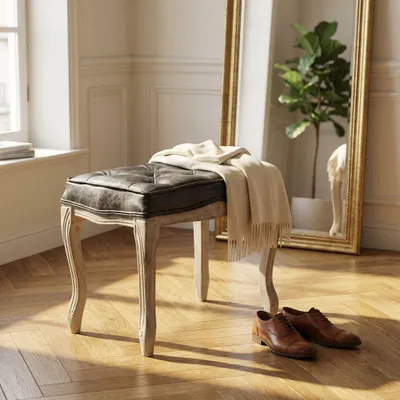 Immagine prodotto di Milani Home - sgabello in legno ed ecopelle grigio, stile vintage, 50 x 36 x 47 cm
