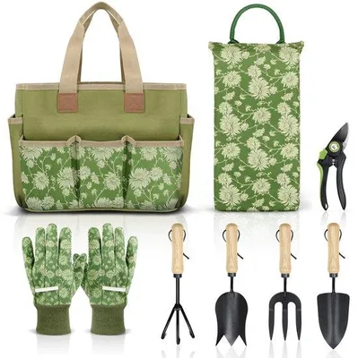 Image de Ensemble d'outils de jardinage 8 pièces avec manche en bois, sécateur, pelle, gants