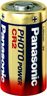 A close-up studio shot of a single Panasonic CR2 lithium battery.