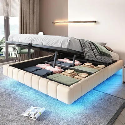 Produktbild von Polsterbett 160x200cm hydraulisches Stauraumbett, Bett mit LED Licht, Bett ohne Kopfteil, Polsterbett aus Leinen in Beige für Schlafzimmer