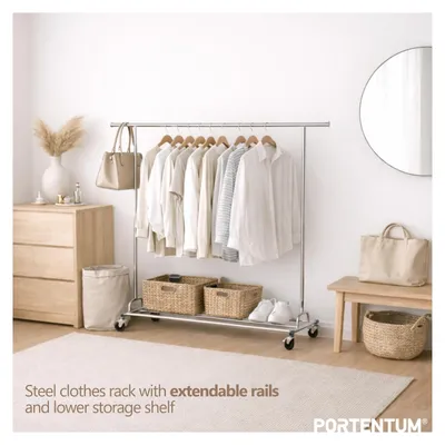Zdjęcie produktu dla Wieszak na ubrania rozsuwany, nośność 130 kg, 45 x 160-200 x 161,5 cm, stal, do sypialni