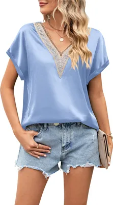 Produktbild von ASKSA Damen T-Shirt Sommer Satin Spitze V-Ausschnitt Oberteile Elegant Casual Bluse Tops, Himmelblau, Groesse: S