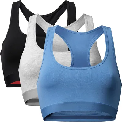 Produktbild von BH ohne Bügel für Damen, aus 95% Baumwolle, Set mit 3 Stück in Schwarz, Grau und Hellblau