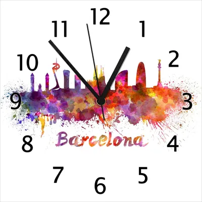 Produktbild von Wallario Design Wanduhr Städte als Aquarell - Skyline von Barcelona aus Echtglas, Größe 30 x 30 cm
