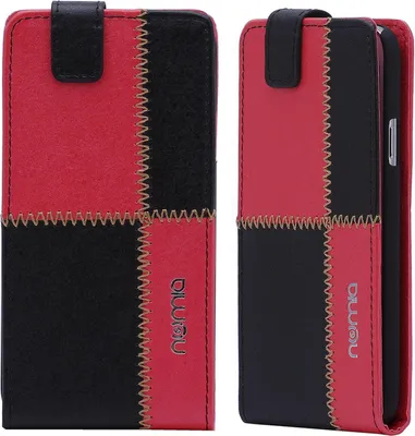Two views of a red and black flip-style phone case.
