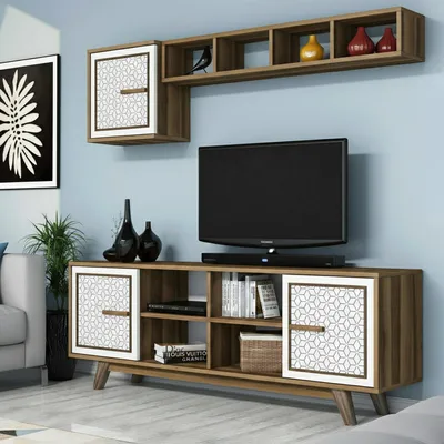 Image de Guendalina - Meuble TV, 160x35x56h cm Noyer Brun, 3 Étagères