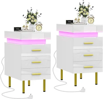 Produktbild von 2er Set Nachttisch mit LED, Nachttisch mit Steckdose & USB, Nachtkommode mit 3 Schubladen Nachschrank für Wohnzimmer, Schlafzimmer,Weiß
