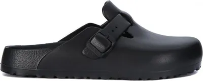 A black Birkenstock Boston Essentials EVA sandal is shown against a white background.