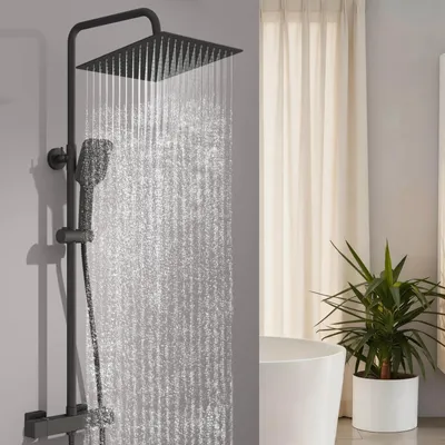 Produktbild von Duschsystem mit Thermostat Regendusche Edelstahl Regenkopf Runde Duschsäule Duschgarnitur inkl.3 Strahlarten Handbrause, höhenverstellbar, Mattschwarz