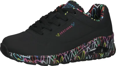 A side view of a black Skechers sneaker with colorful graffiti-style hearts on the sole and lining.