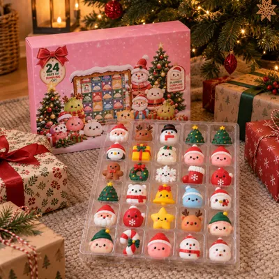 Produktbild von Dumpling Squishy Adventskalender mit 24 Weihnachtsfiguren hinter nummerierten Türchen als Geschenk vor dem 1. Dezember