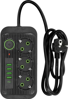 Image de Rallonge multiprise KOBI LINEA PRO Noir 3 compartiments multiprise avec 4xUSB A et 1 USB-C, 2500W multiprise 10A Rallonge 1,5 m