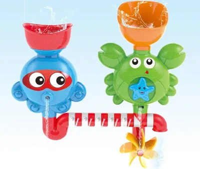 Two bath toys, a blue octopus and a green crab, are shown with water flowing through them.