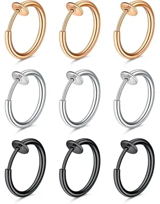 Obrázek produktu pro Falešné piercingy do nosu, model septum, klipsny, 9 kusů, stříbrná, růžově zlatá, černá barva, nerezová ocel, průměr 1,2 mm, vnitřní průměr 8 mm