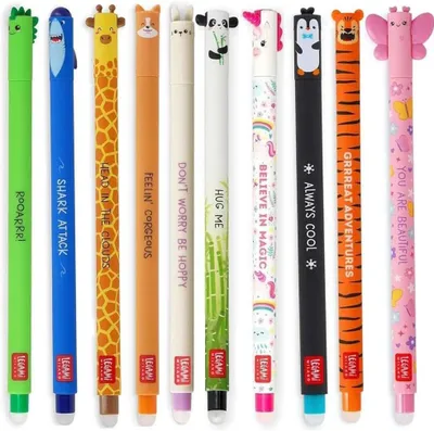 A collection of ten novelty gel pens, each designed with a different animal theme and featuring text on the barrel.