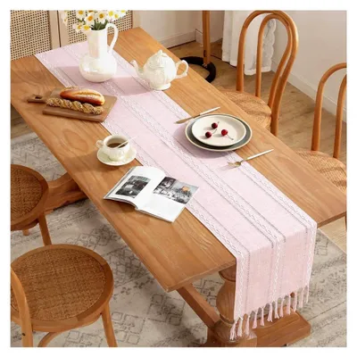 Produktbild von Rustikaler Tischläufer mit Quasten, 33x123cm, Landhausstil, Boho-Design, geflochten gestreift, Tischdekoration aus Leinen und Polyester für Essen, Party, Urlaub und Hochzeit (Rosa)