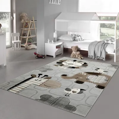 Zdjęcie produktu dla Dywan do zabawy ze zwierzętami z zoo słoń ptaki żyrafa szary brązowy rozmiar - 160 x 230 cm