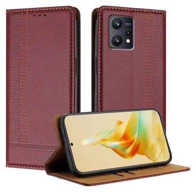A dark red flip case for a smartphone is shown from multiple angles, with the phone inside displaying a colorful abstract image.
