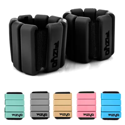 A product image showing two black wrist and ankle weights at the top, and five sets of weights in different colors at the bottom.