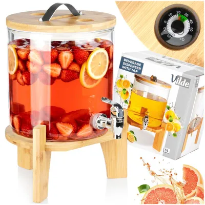 Produktbild von Vilde | Getränkespender 5 L mit Zapfhahn und Bambusständer - Glas Hitzebeständig - mit Thermometer und Entlüftungsventil - Saftspender Party