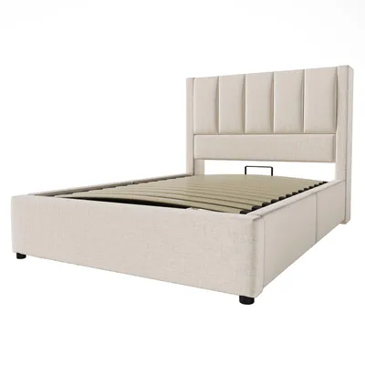 Produktbild von Flieks Hydraulisches Polsterbett 90x200cm mit Becherhalter, Stauraumbett Einzelbett mit USB & Type C, Jugendbett mit Lattenrost, Leinen, Beige