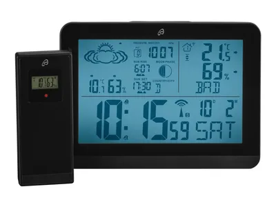 A black digital weather station with a separate outdoor sensor, displayed on a white background.