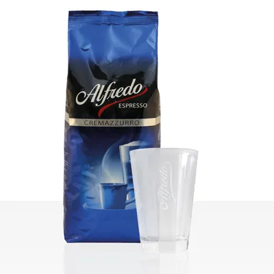 Produktbild von Darboven Alfredo Espresso Cremazzurro Kaffeebohnen 1kg + Latte Macchiato Glas
