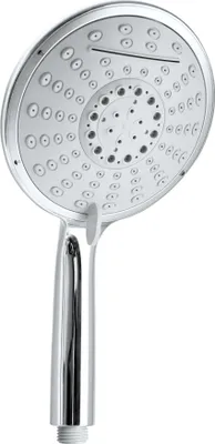 A chrome hand shower head with multiple spray settings is shown against a white background.