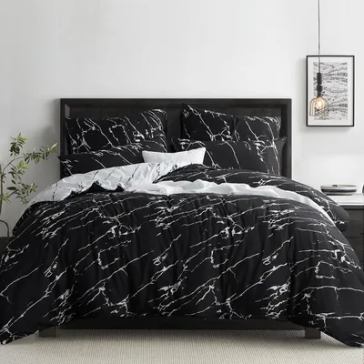 Obrázok produktu pre Sada posteľnej bielizne 200x220 cm, 3-dielna, čierna, vzor mramoru, mikrovlákno, so zipsom