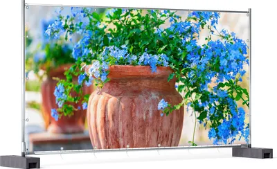 Produktbild von Wallario XXL Outdoor-Poster für Garten oder Balkon, Motiv Blaue Blumen in einer Steinvase, in ca. 340 x 173 cm