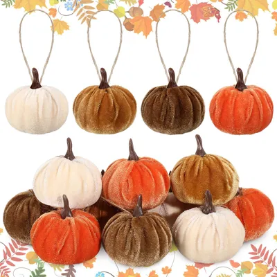 Image de 12 décorations en forme de citrouille en velours (environ 5 cm) – Décorations d'automne et d'Halloween