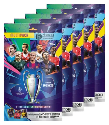 Zdjęcie produktu dla Topps – Liga Mistrzów 2025/2026 – naklejki kolekcjonerskie – 5 opakowań zbiorczych