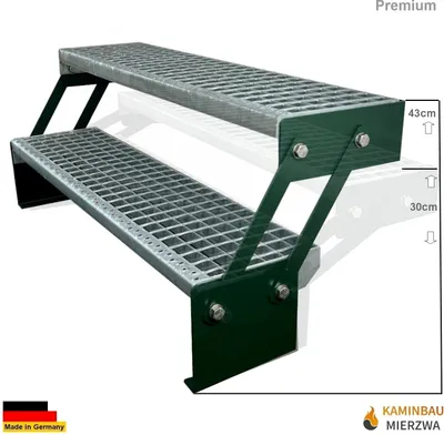 Produktbild von Gitterrost Stahl Wangentreppe 2 Stufen Verstellbar Verzinkt & Grün Pulverlackierte Wangen Breite 100cm x Höhe Verstellbar 30-43 cm