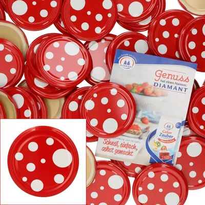 Zdjęcie produktu dla zestaw 50 wymiennych pokrywek To 82 muchomor czerwony biały w kropki do słoików 230 ml / 350 ml / 435 ml