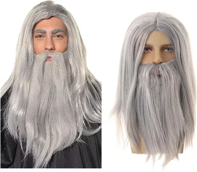Produktbild von Kostümperücke UILYNIU Zaubererperücke und Langer Bart, Männer Langes Glattes Graues Haar Cosplay Zauberer Zauberer Prophet Perücke für Karneval Hallow