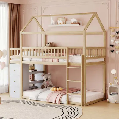 Immagine prodotto di Letti a soppalco AIORBER, 90 x 200 cm, a forma di casetta, con contenitore, recinzione di sicurezza, con ripiani, superficie di appoggio bassa, legno massiccio, letto per bambini, natura