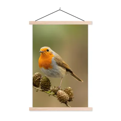 Produktbild von MuchoWow® Textilposter Vogel - Rotkehlchen - Tannenzapfen - Zweig - Herbst 60x90 cm mit holzfarbenen Rahmen - Textil