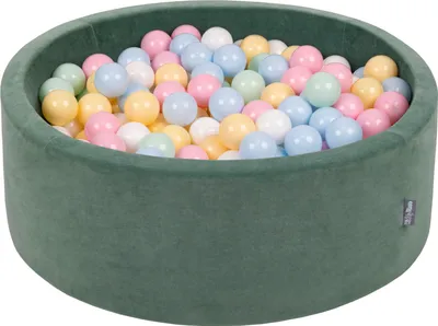 Zdjęcie produktu dla KiddyMoon suchy basen okrągły velvet z piłeczkami 7cm zieleń lasu: pastelowy niebieski-pastelowy żółty-biały-mięta-pudrowy róż 90x30cm/200piłek zabawka basen piankowy