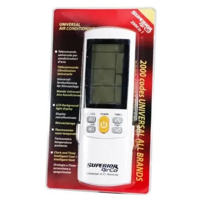 A white universal air conditioner remote control is displayed in its retail packaging.