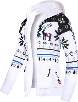 Produktbild von Nebulus Norweger Jacke Hoody mit Teddyfell NORON Damen, mit Kapuze, schicker Pullover im Norweger-Style, P6407 - Damen, weiß-schwarz, XXL/44