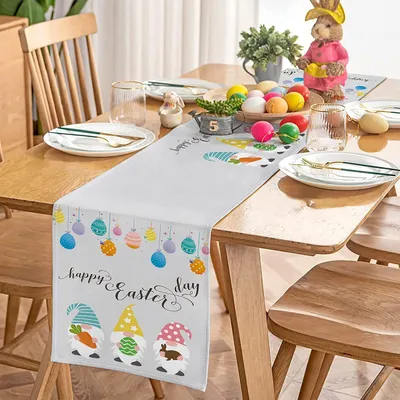 Immagine prodotto di Runner da tavola pasquali, runner da tavola con gnomi, decorazioni da tavola pasquali in juta, decorazioni e accessori per tavole festive primaverili,